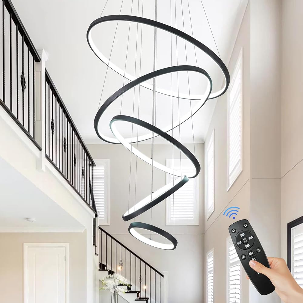 5 Rings Chandelier Modern LED Chandelier Dimmable High Ceiling Chandelier Black Circular Chandelier for Foyer Large Contemporary Pendant Chandelier for Living Room Staircase, 3000K-6500K