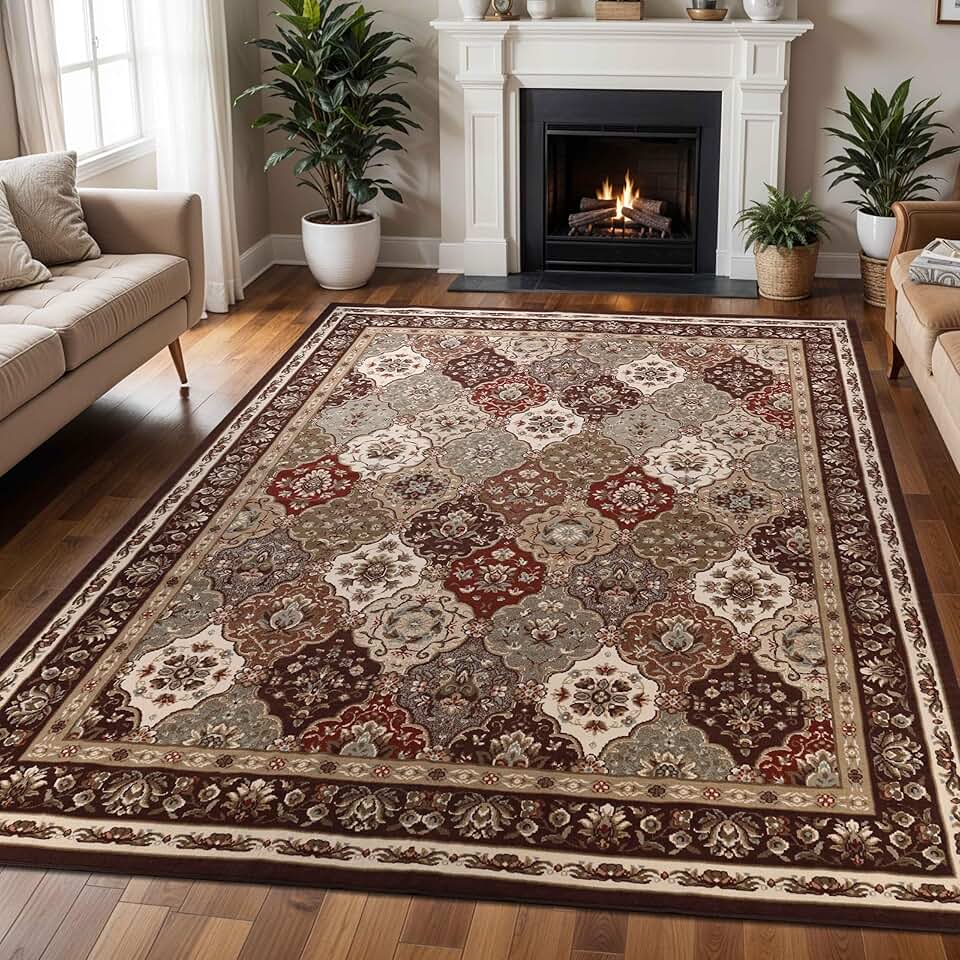 Superior Indoor Area Rug, Floor Decor, For Kids, Pets, Bedroom, Entryway, Hallway, Office, Living Room, Dining, Plush Carpet Cover, Traditional Floral Classic, Palmyra Collection, 12' x 18', Chocolate