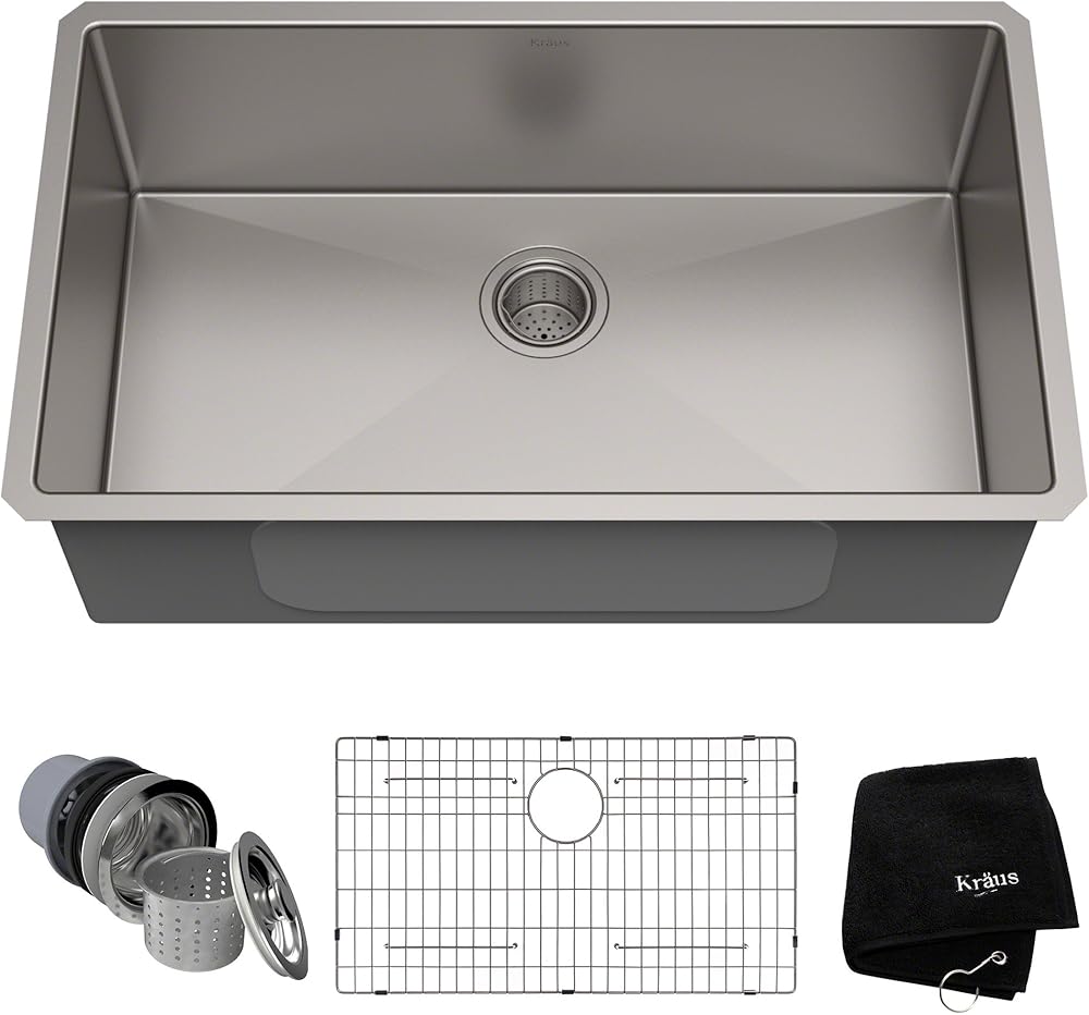 Kraus KHU100-32 Standart PRO 16 Gauge Undermount Single Bowl Stainless Steel Kitchen Sink, 32 Inch