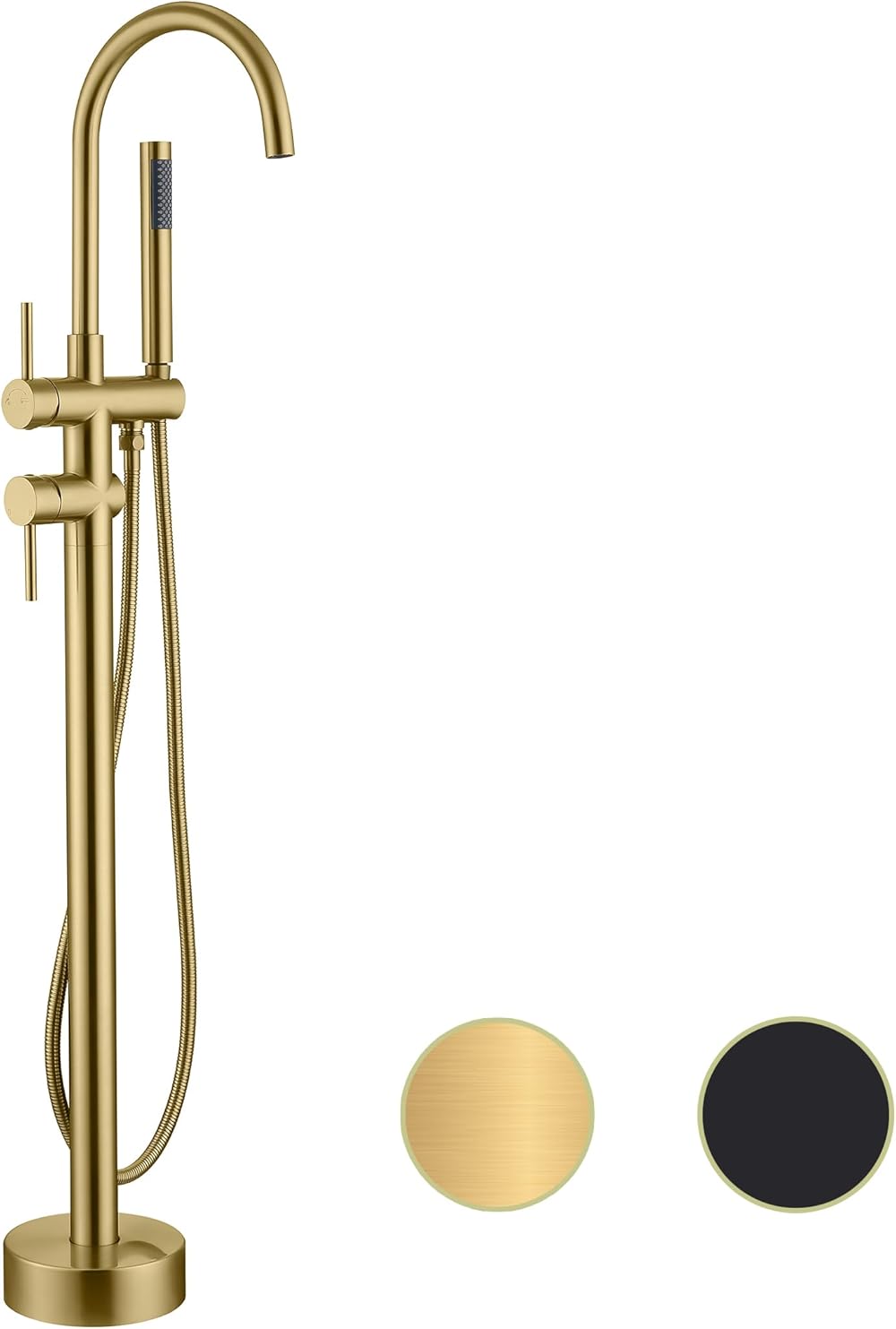 Freestanding Tub Faucet Floor Mount Tub Fillers Freestanding, Senhozi Brushed Gold Free Standing Tub Faucets, Mixer Tap Two Handle Gold Freestanding Bathtub Faucet with Hand Shower, SE-3001-BG