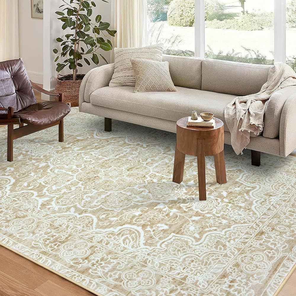 KUTA Area Rugs 9x12 Living Room, Washable Large Area Rug for Bedroom 9ft x 12ft Non-Slip, Vintage Floral Distressed Dining Room Rug Carpet, Low-Pile Wool Room Carpet for Office Kitchen beige