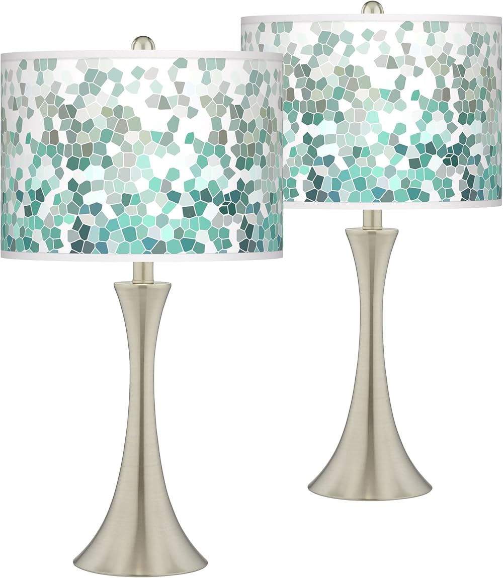 Trish Aqua Mosaic Brushed Nickel Touch Table Lamps Set of 2 with Print Shade