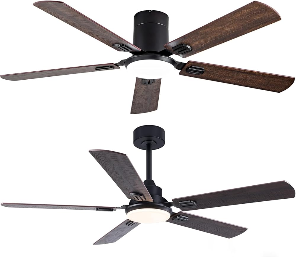 BOOMJOY 52 Inch Ceiling Fans with Lights,Downrod Mount and Flush Mount 2-Pack,3 Color LED Light, Reversible DC Quiet Motor Modern Black Ceiling Fan for Bedroom Indoor Outdoor