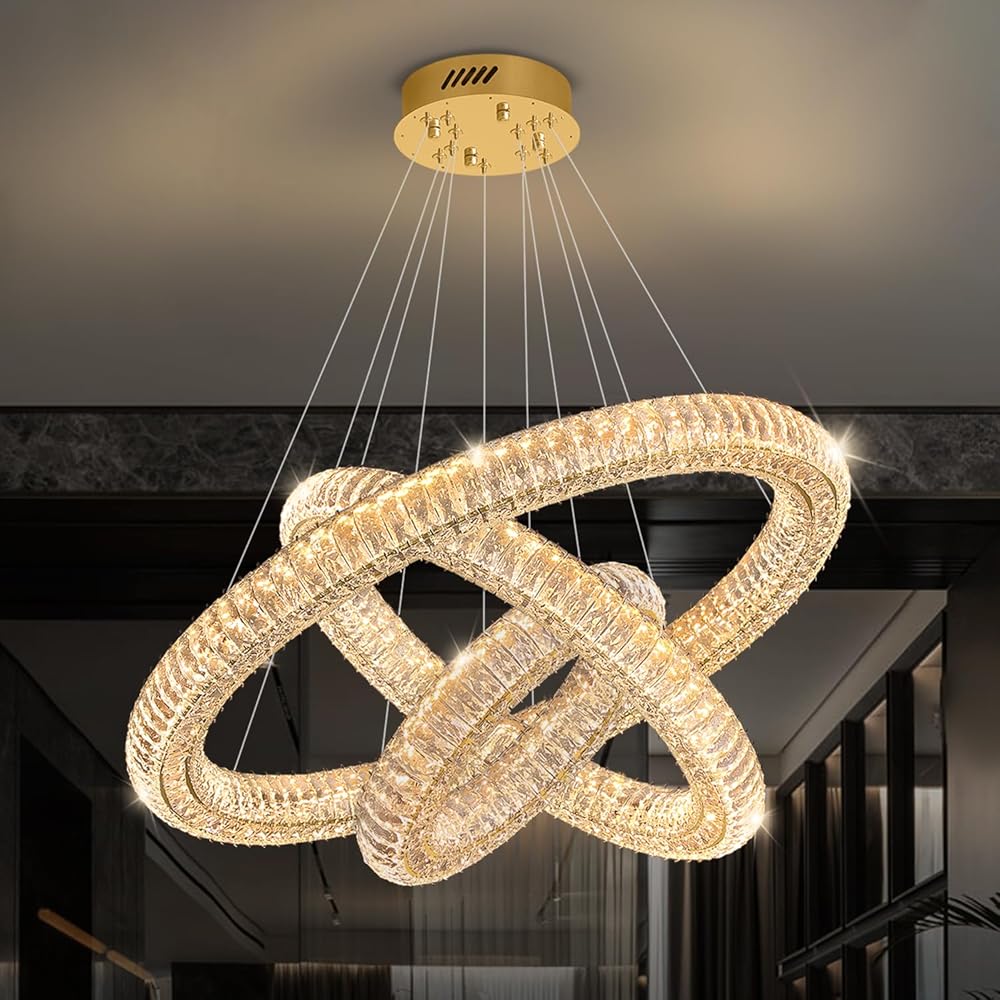 Gold 3 Rings Crystal Chandeliers for Dining Room Foyer High Ceiling 120'' Long Staircase Hanging Pendant Light D16+D24+D32 3000-6000K LED Dimmable