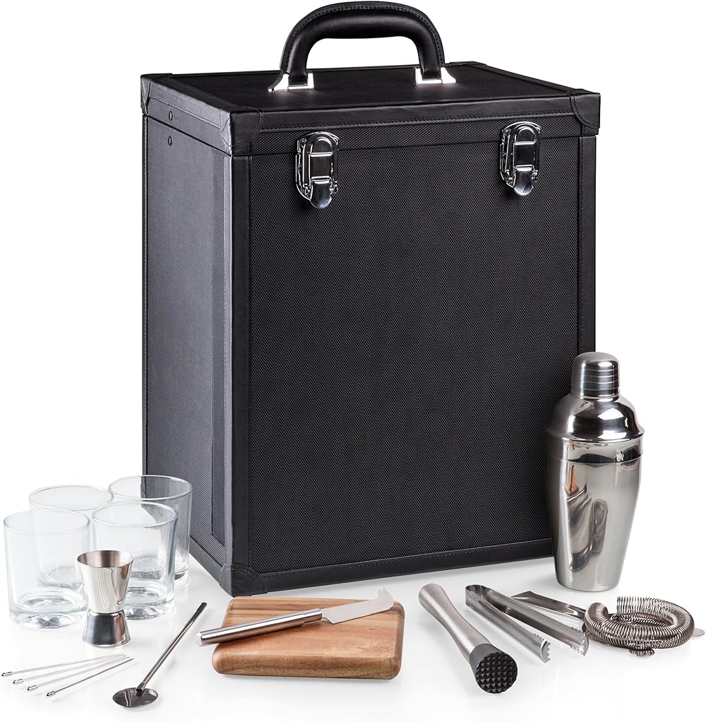 LEGACY - a Picnic Time brand, Hamilton Bartender Kit, Cocktail Set, Portable Bar Case with Cocktail Shaker Set, (Black)