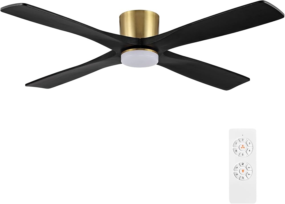 WINGBO Ceiling Fan, 60 Inch Flush Mount DC with Lights, 4 Reversible Carved Wood Blades, 6-Speed Noiseless, Brass Finish, Black, ETL Listed