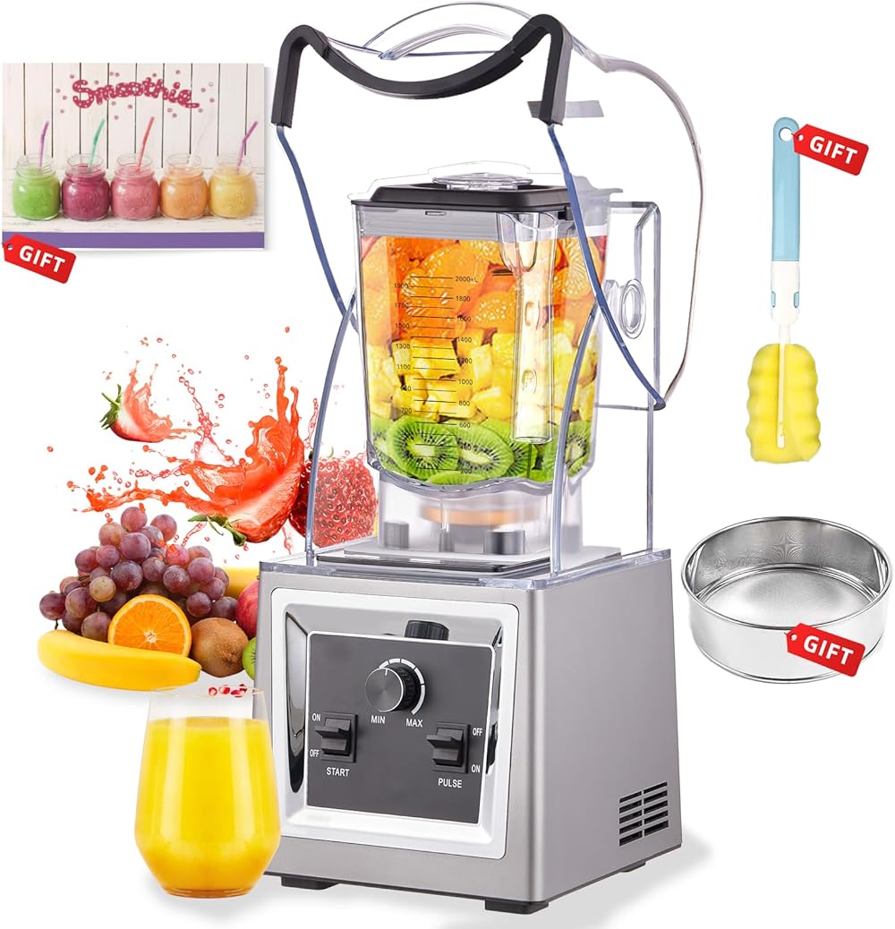 Commercial Professional Blender-[2200W Superior Motor][Total Silence] Heavy-Duty Blenders for Kitchen with Soundproof Shield with Blender Receipe 1-Year Warranty