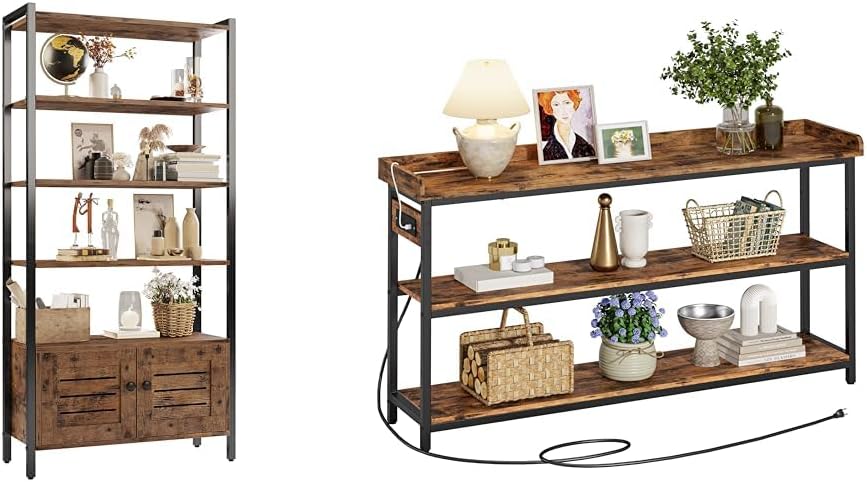 IRONCK Industrial Bookshelf Cabinet with Louvered Doors & Console Table with Charging Station, Rustic Brown, Height Adjustable