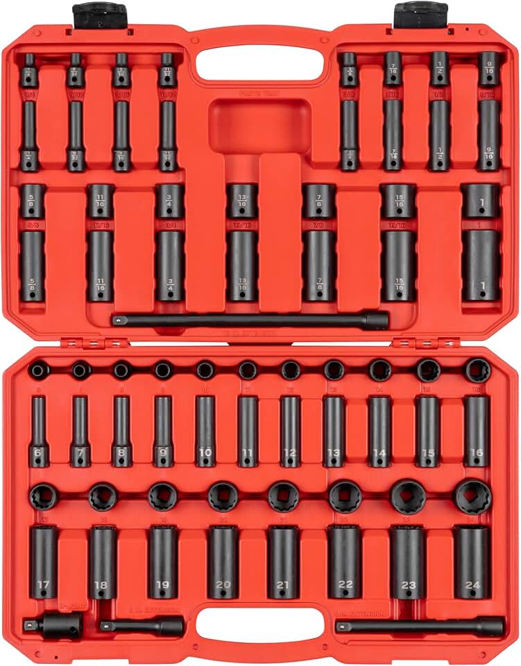 TEKTON 3/8 Inch Drive 12-Point Impact Socket Set, 72-Piece (1/4-1 in., 6-24 mm) | SID91406