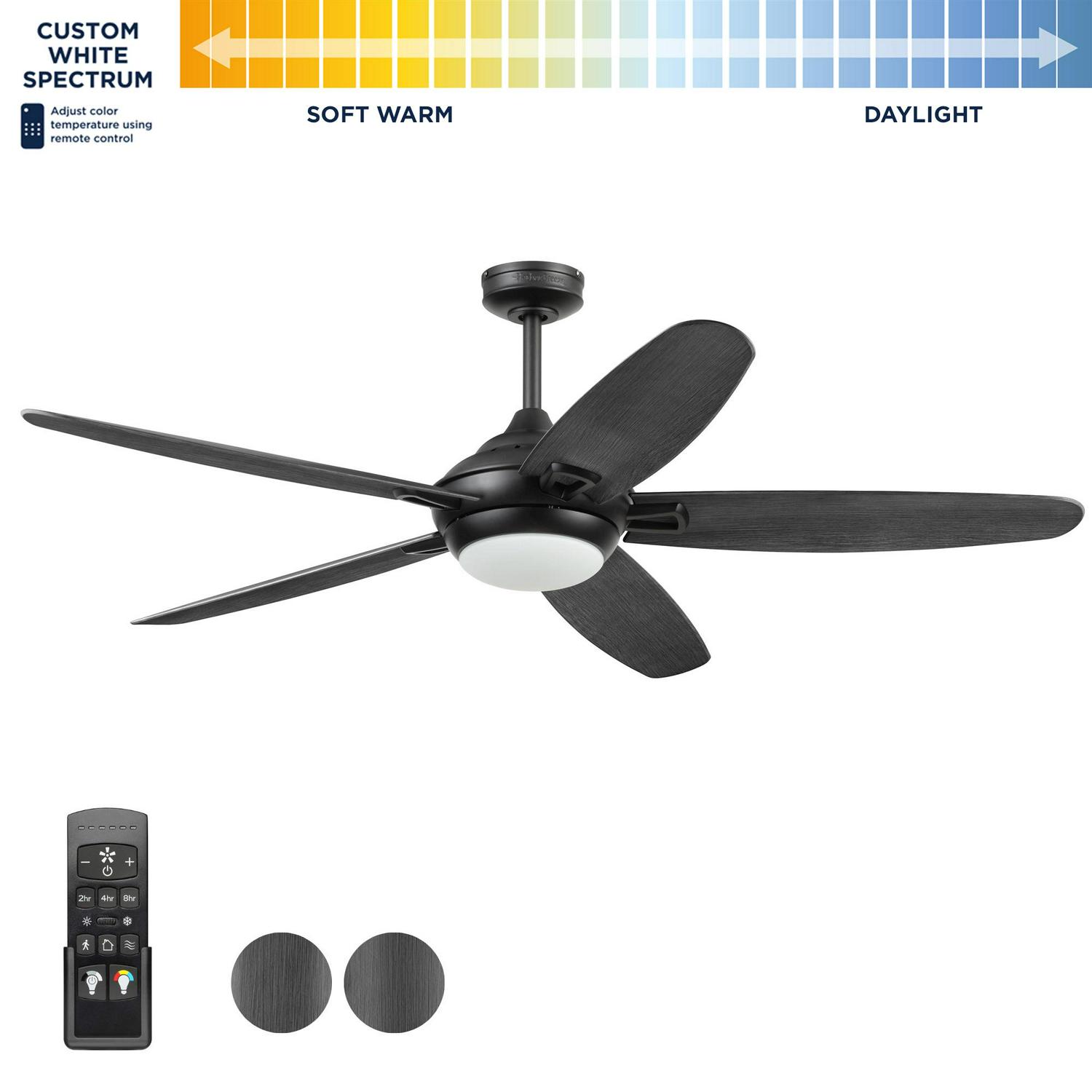 Harbor Breeze Arbormere 60-in Matte Black Color-changing Indoor/Outdoor Ceiling Fan with Light and Remote (5-Blade)