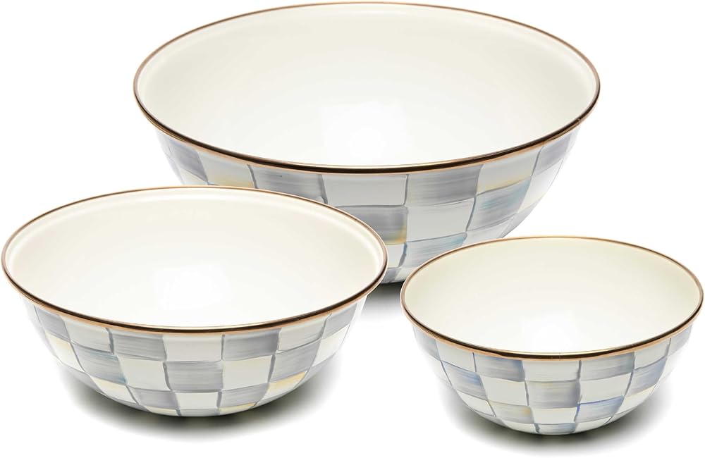MACKENZIE-CHILDS Enamel Mixing Bowl Set, Small 5-Cup, Medium 10-Cup, and Large 16-Cup Serving Bowls for Entertaining, Set of 3, Gray-and-White Sterling Check