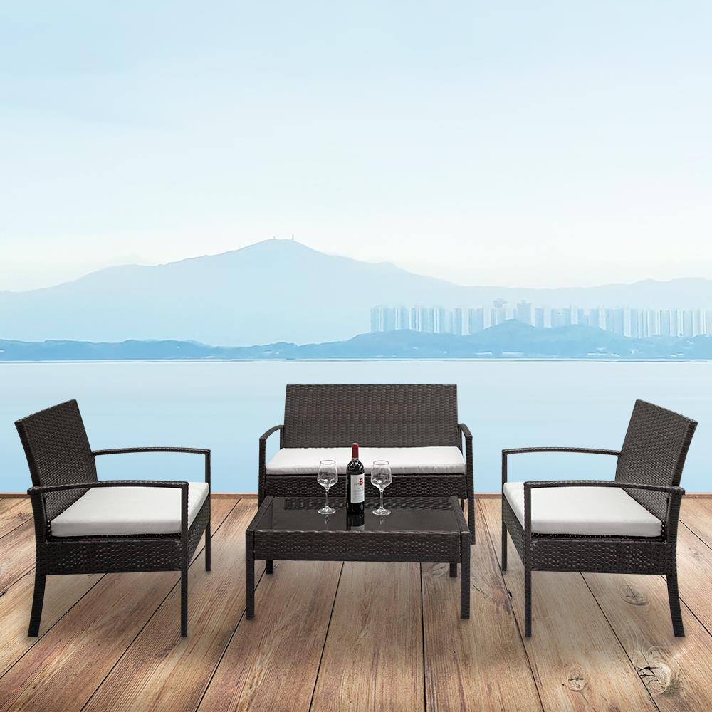 UBesGoo 4PCS Patio Rattan Wicker Chair Sofa Table Set Outdoor Garden Furniture Cushioned
