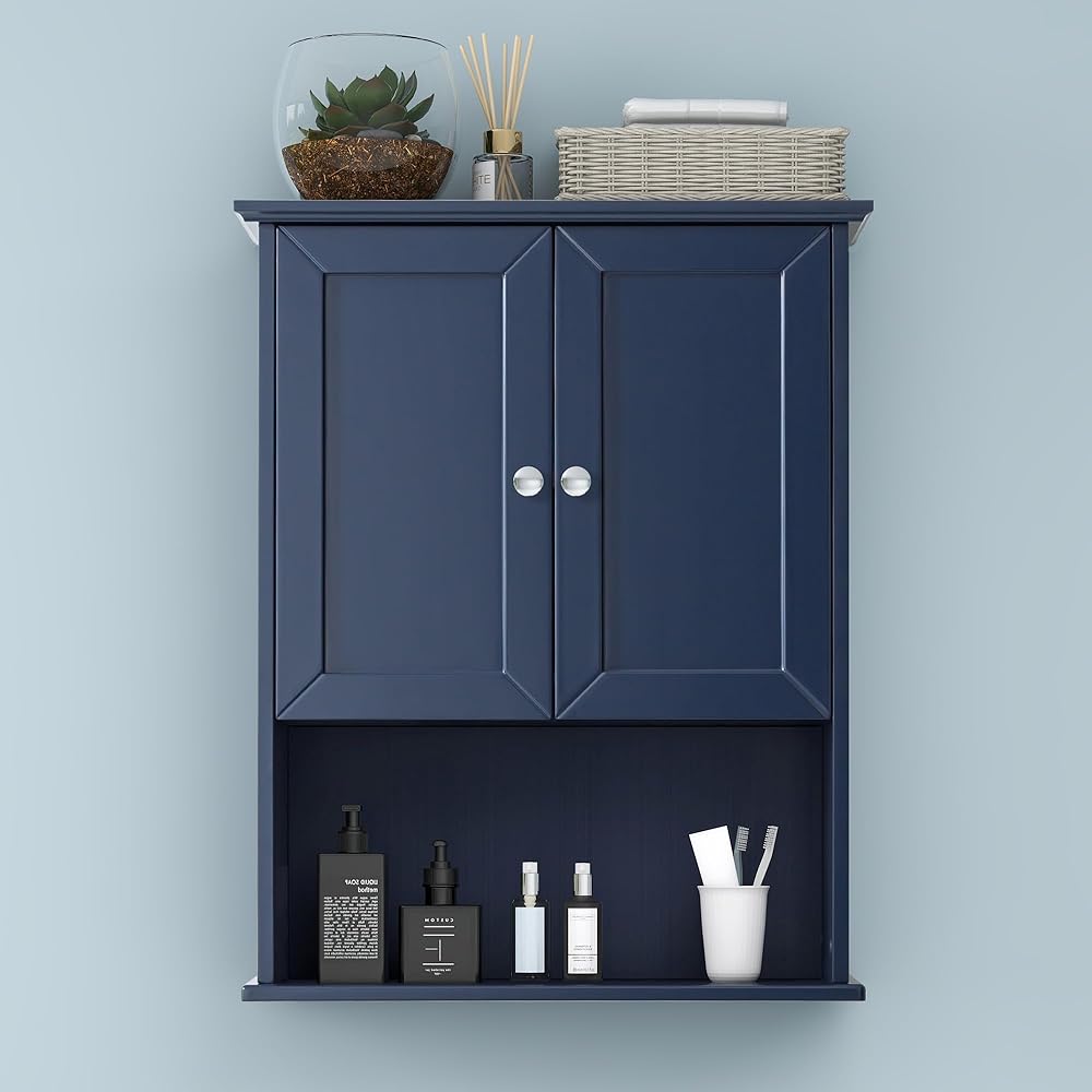 Bathroom Wall Cabinet Blue Over Toilet Storage Cabinets 24x30 in Above Toilet Wood Medicine Cabinets Wall Mounted Bathroom Cabinet with 2 Door & Adjustable Shelf