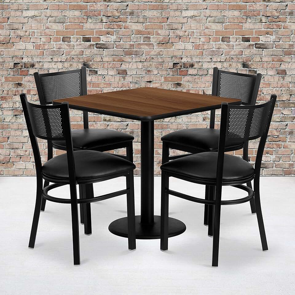 Flash Furniture 30'' Square Walnut Laminate Table Set with 4 Grid Back Metal Chairs - Black Vinyl Seat