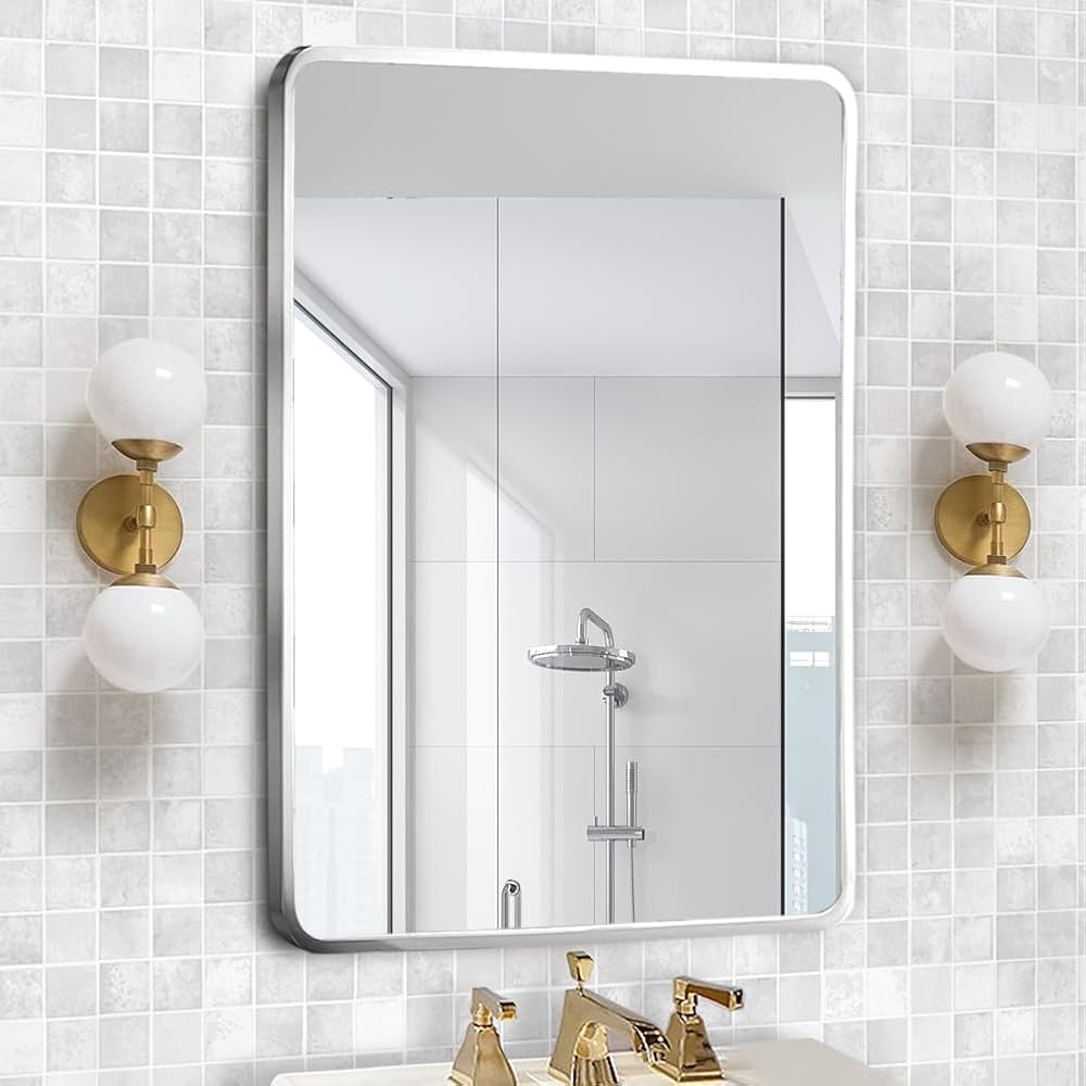 Movo 24x30 Inch Black Metal Framed Bathroom Mirror Medicine Cabinet Rectangle Tilting Beveled Vanity Mirrors Recess or Surface Mount Installation Chrome