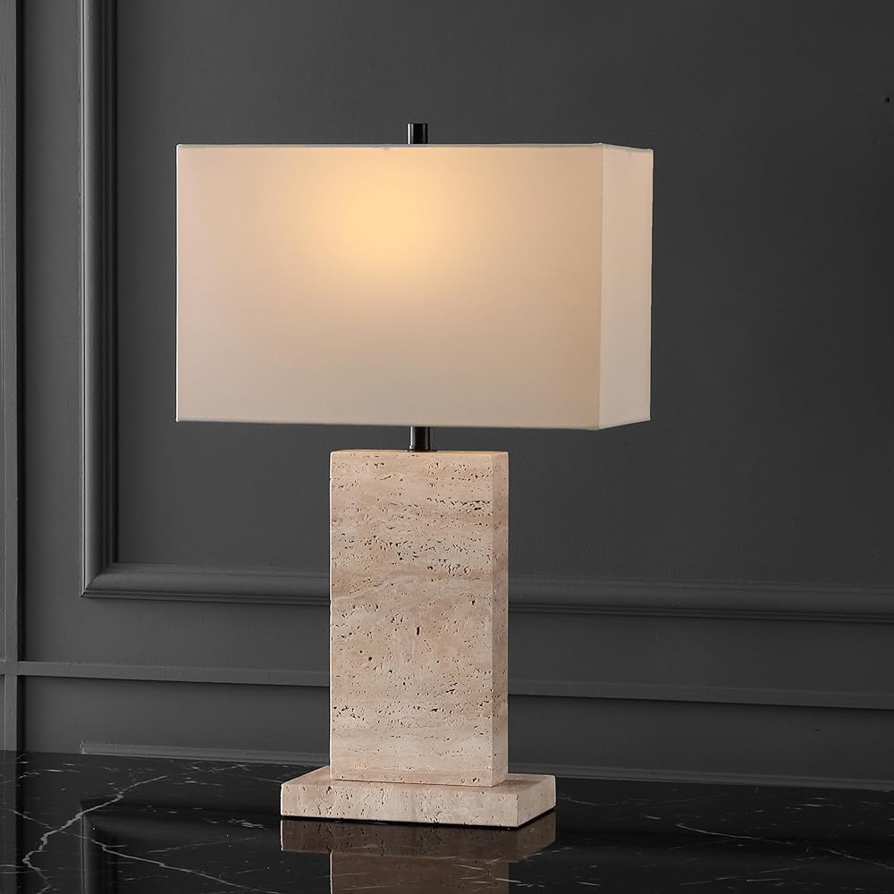 SAFAVIEH Couture Collection Jennabriana Travertine/Black 26-inch Dimmable Table Lamp for Bedroom Living Room Home Office Desk Nightstand