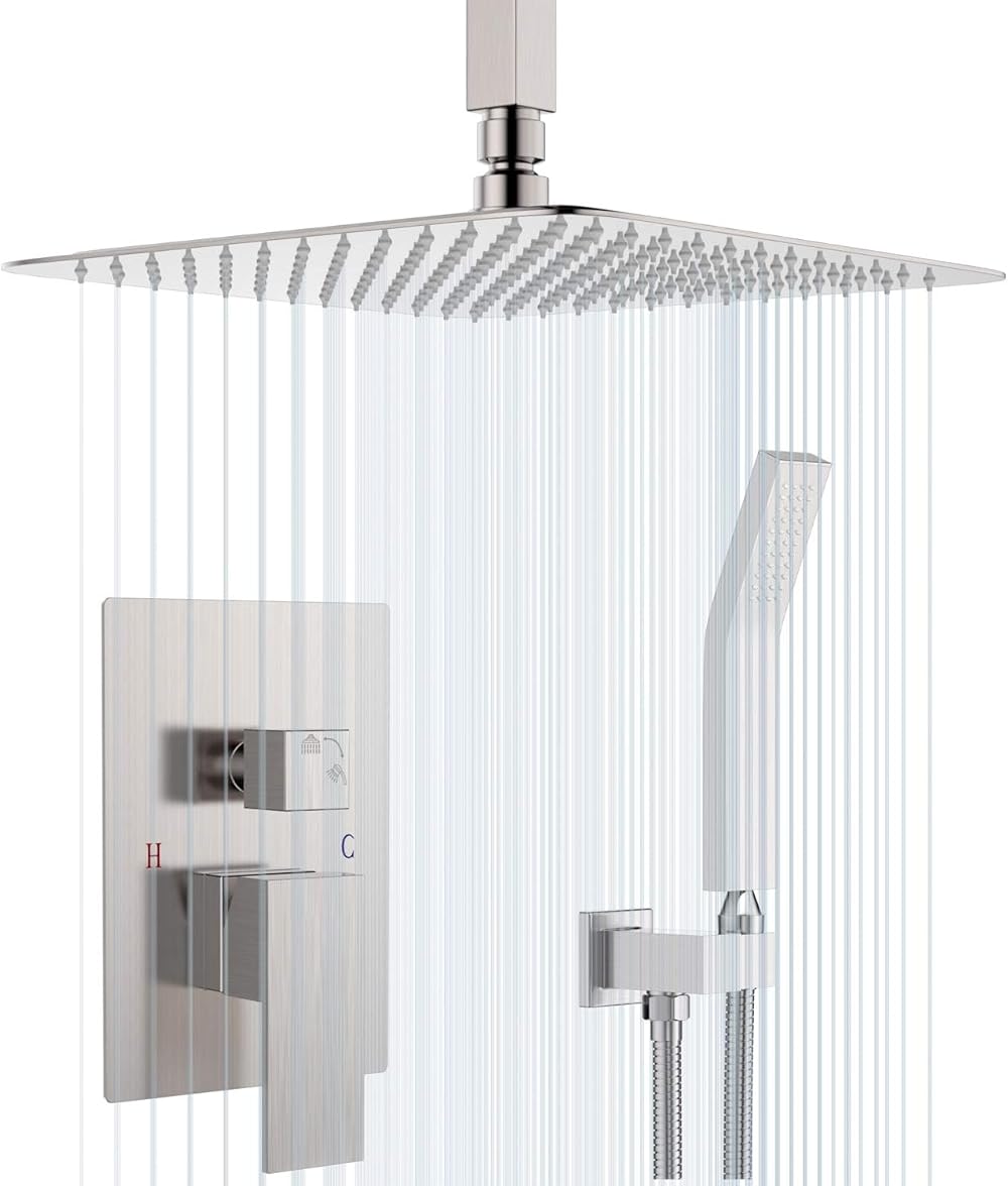 SunCleanse 12 Inches Rainfall Shower System Brushed Nickel Ceiling Mounted Shower System Combo Set with High Pressure Square Rain Shower Head Handheld and Shower Faucet Rough-in Mixer Valve and Trim