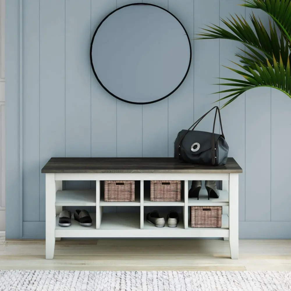 Twin Star Home Two-Tone Storage Bench with Planked Top in Old Wood White, 40a W x 15.5a D x 17.8a H