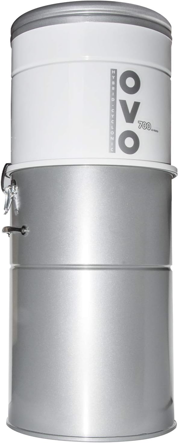 OVO Heavy Duty Powerful Central Vacuum System, Filtration (with or Without Disposable Bags) 35L or 9.25Gal, 700 Air watts, Large Hybrid Vac, White & Silver