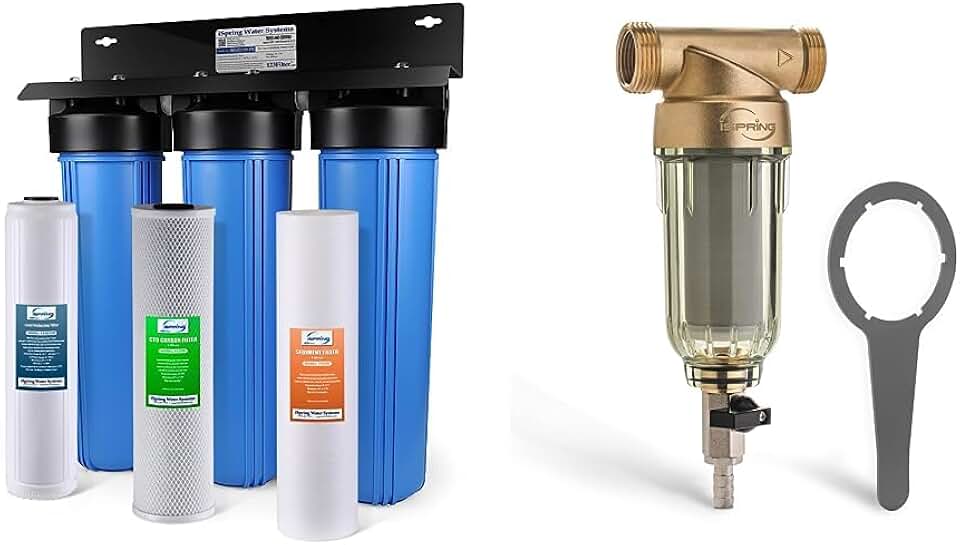 iSpring Whole House Water Filter System & WSP-50 Reusable Whole House Spin Down Sediment Water Filter, 50 Micron Flushable Prefilter Filtration, 1