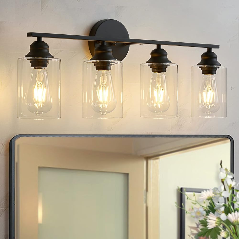 Black Bathroom Light Fixtures 4 Lights with Clear Glass Farmhouse Vanity Light Matte Black Bathroom Vanity Light Industrial Bathroom Lighting over Mirror ETL Listed