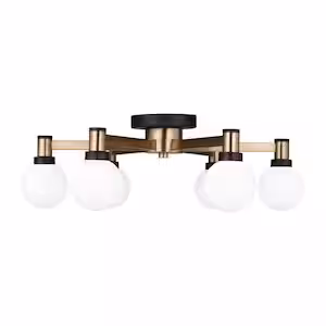 Generation Lighting Judd 24 in. 6-Light Satin Brass and Black Contemporary Dimmable Semi-Flush Mount Ceiling Light with Etched Glass Shades