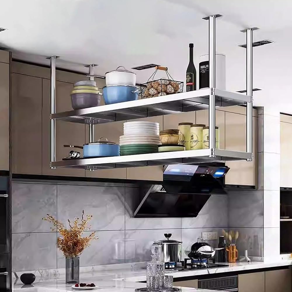 Hanging Pot and Pan Ceiling Rack, Wall Mount Kitchen Pot Organizer Storage Shelves for Utensils, Stainless Steel 2 Tier European Ceiling Frame Floating Decorations Display Shelves (Size : 8