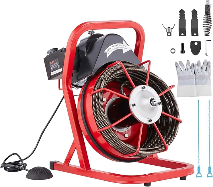 VEVOR Drain Cleaner Machine 50FT x 1/2 Inch, Sewer Snake Auger Manual Feed, 250W Electric Drain Cleaning Machine with 4 Cutters & Air-activated Foot Switch for 2