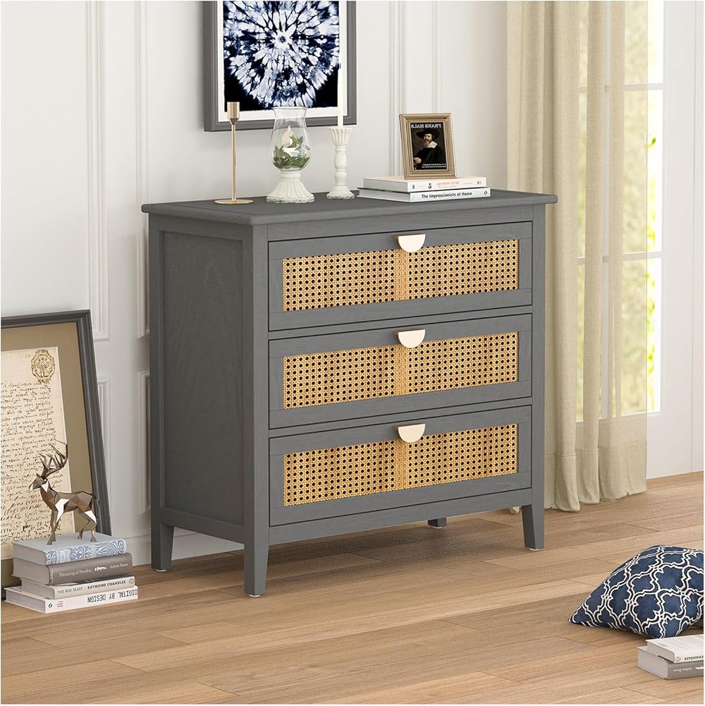 3 Drawer Cabinet Storage Cabinet Coffee Bar Cabinet Accent Cabinet Sideboard Kitchen Cabinet,Natural Rattan,American Furniture,Suitable for Bedroom, Living Room, Study (Gray)