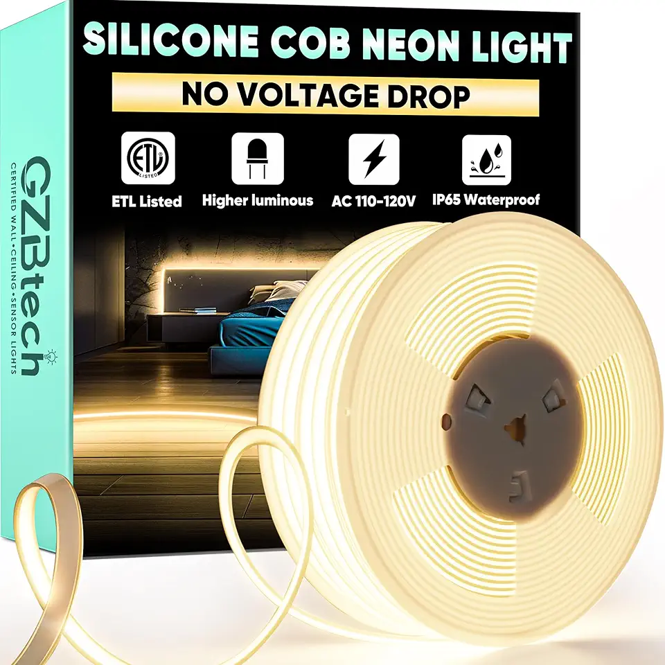 GZBtech Silicone COB Neon Rope Lights 100FT/30M, 2800K Super Bright Warm White Waterproof Neon Strip Light, AC 110-120V Flexible Soft Cuttable Tape Rope Lighting for Indoor Outdoor Home Commercial