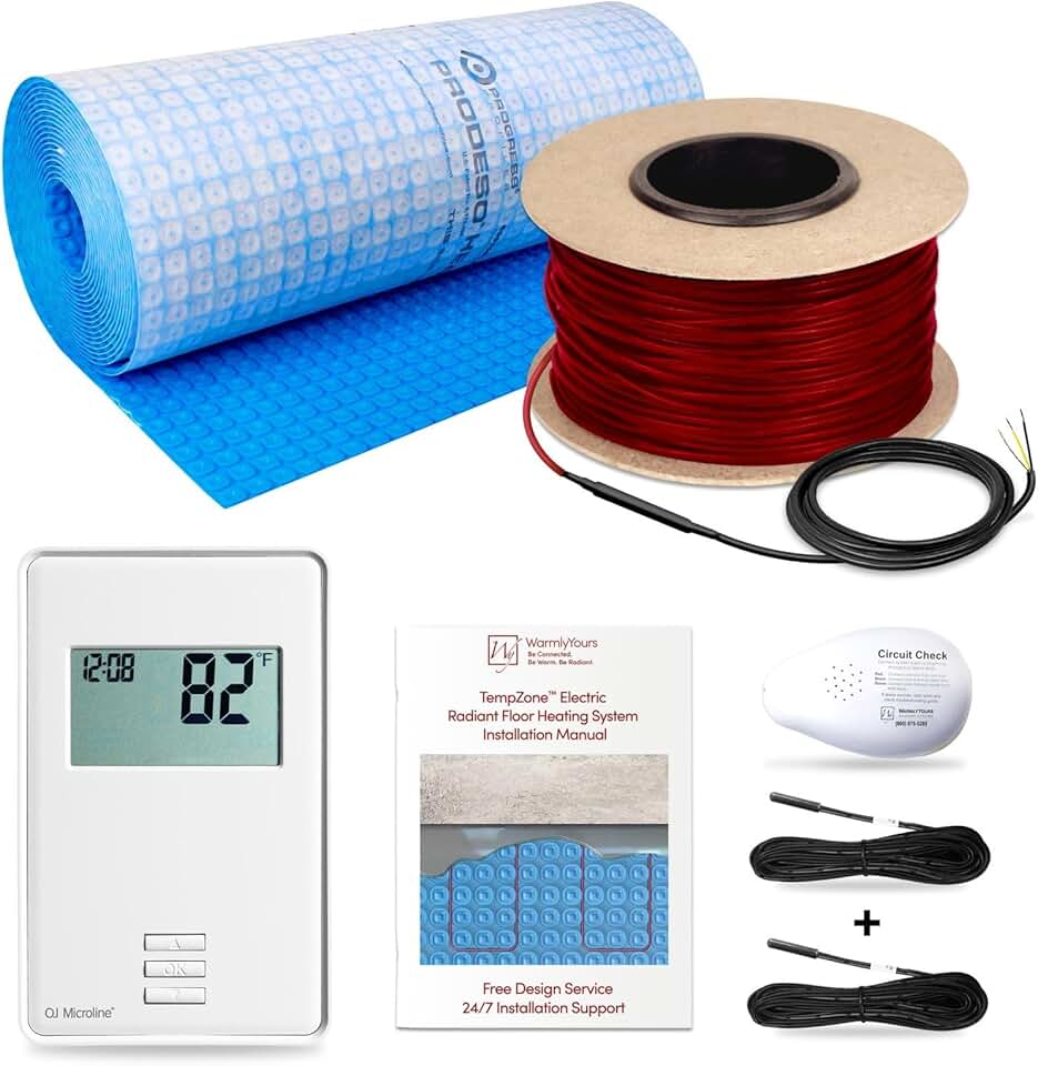 WarmlyYours 110 sqft (240V) Electric Radiant Floor Heating System Cable Kit with Underfloor Heated Cable, Digital Thermostat, Uncoupling Membrane, Floor Sensor, and Circuit Tester