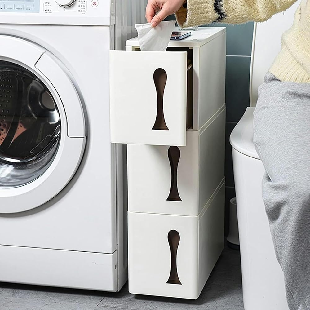 Skinny Bathroom Storage Cabinet, White Freestanding Utility Storage Pantry Cabinet Cupboard, Small Bathroom Plastic Storage Cabinet with 3 Tier Drawers for Kitchen, Living Room, Bathroom Bathroom