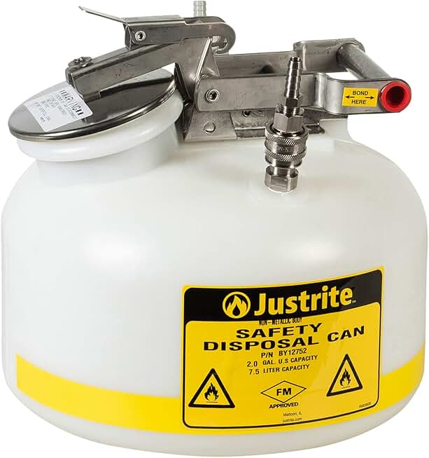 Justrite PP12752 Centura Disposal Polyethylene Prefabricated Quick-Disconnect Safety Can with Polypropylene Fitting, 2 Gallon Capacity