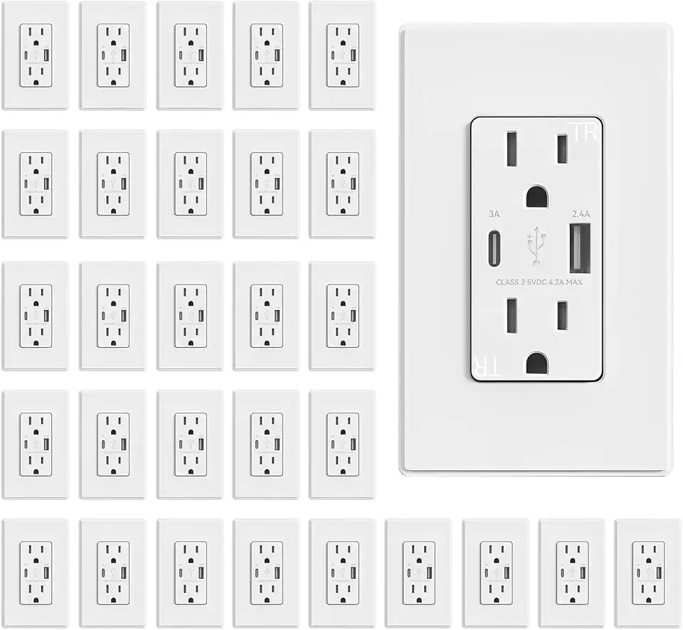 ELEGRP USB Charger Wall Outlet, USB Receptacle with USB A & USB C Ports, 15 Amp Duplex Tamper Resistant Receptacle Plug NEMA 5-15R, Wall Plate Included, UL Listed, 30 Pack, Matte White