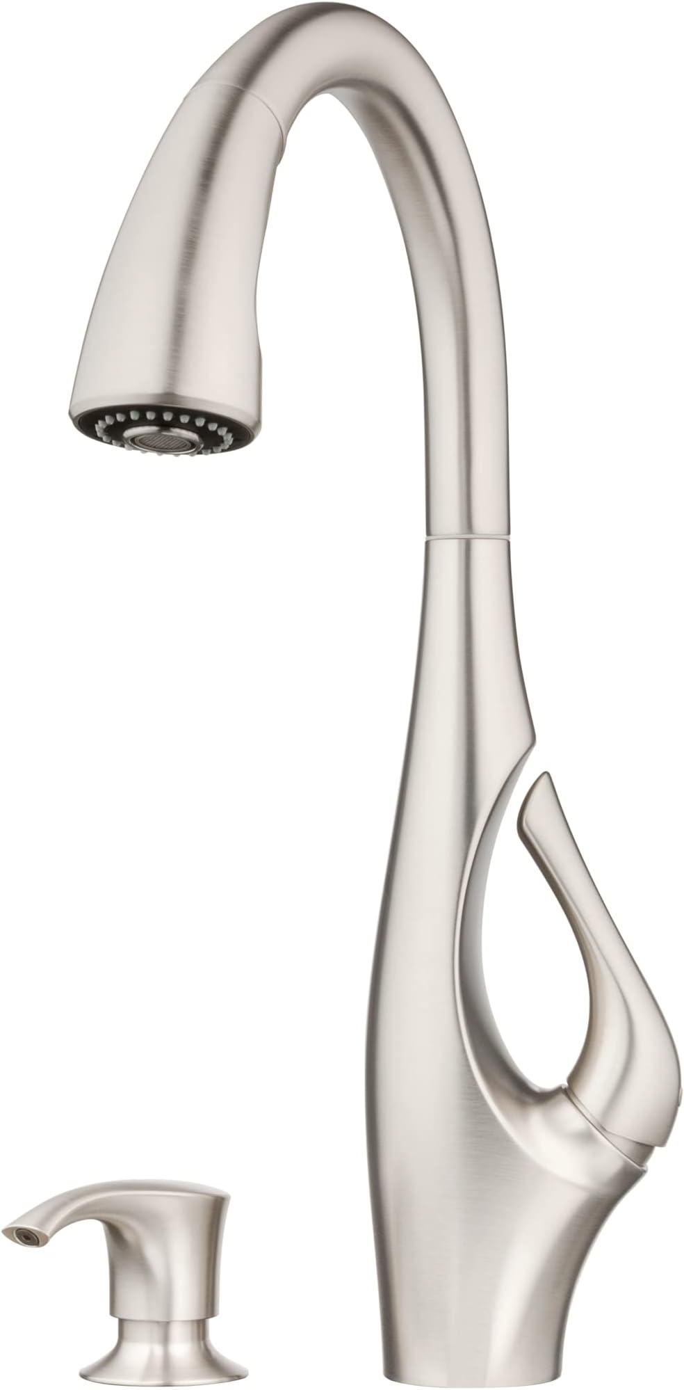 Pfister Indira Kitchen Faucet with Pull Down Sprayer and Soap Dispenser, Single Handle, High Arc, Spot Defense Stainless Steel Finish, F5297NDGS