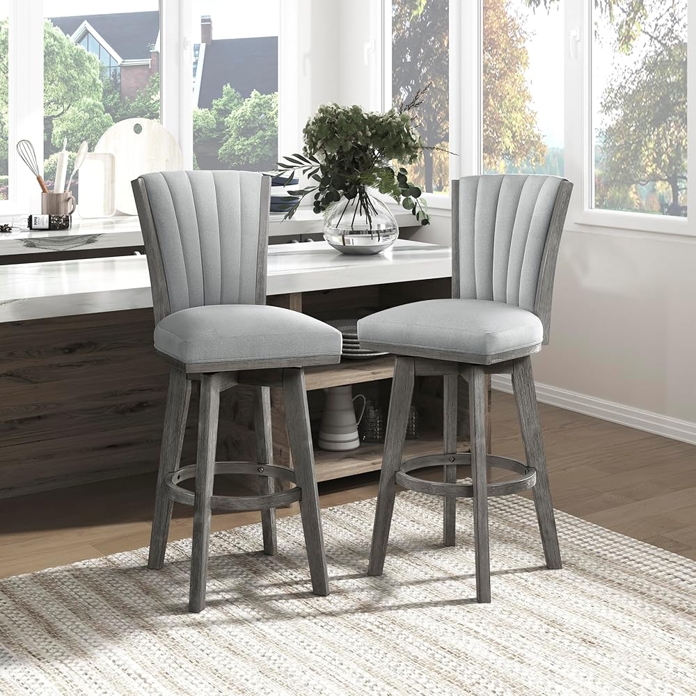 Lexicon Swivel Bar Stools Set of 2, Bar Height Stools for Kitchen Island, Kitchen Stools with Backs, Grey Finish and Thick Grey Velvet Cushion Seat
