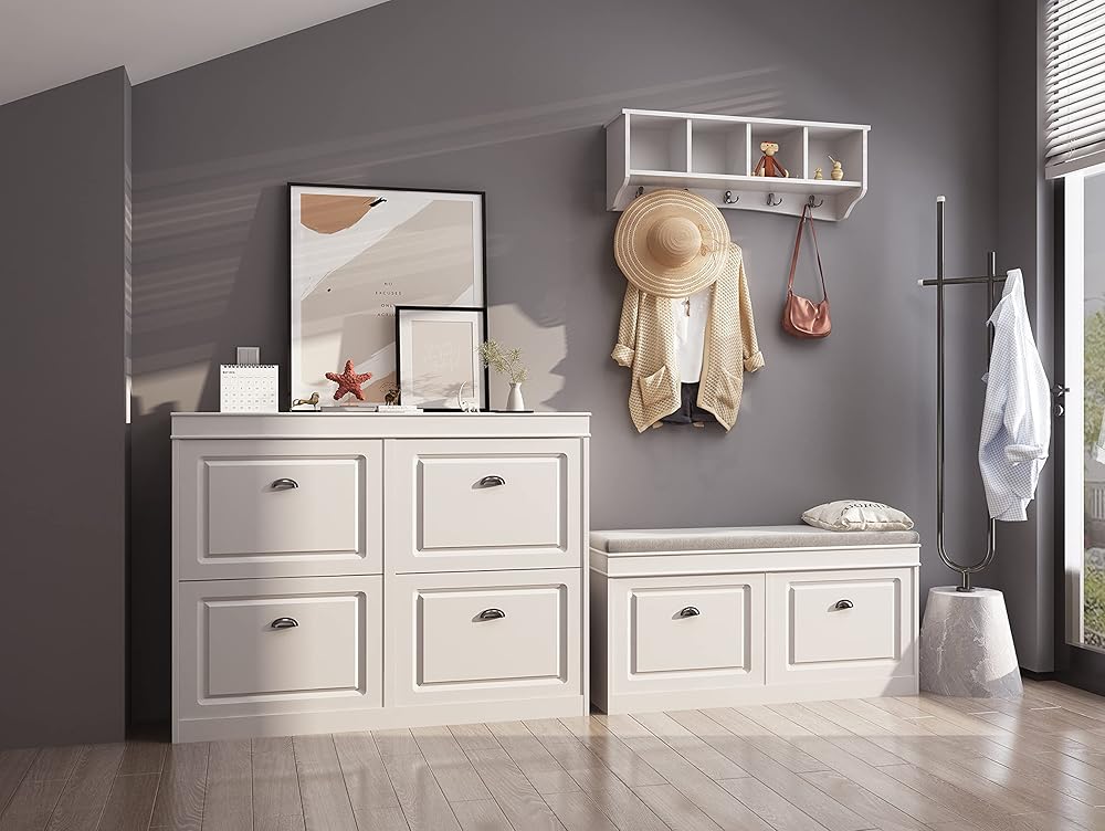 Haotian White Shoe Cabinet and Storage Bench,FSR79-W+FSR64-W