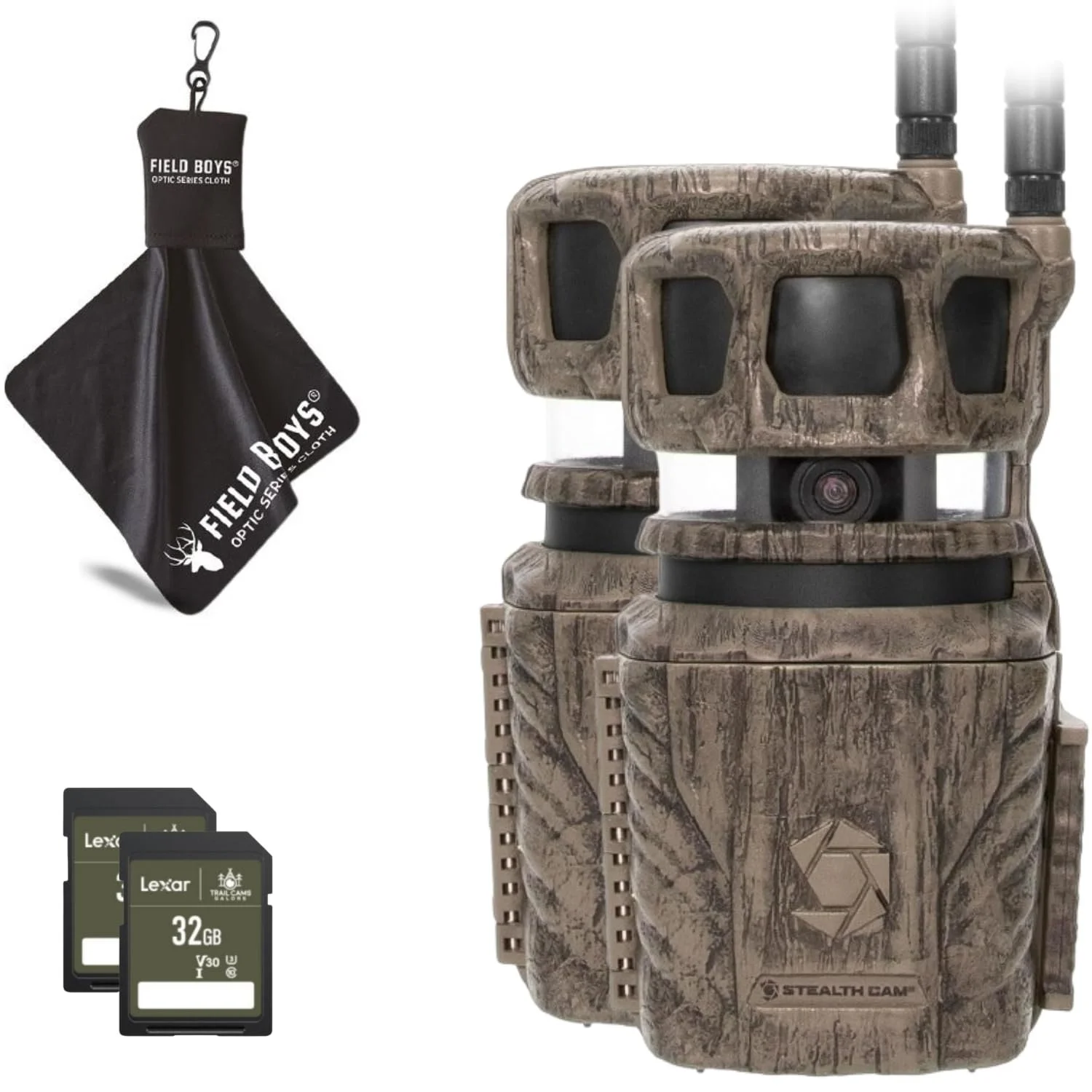 Stealth Cam Revolver 36MP Trail Camera with 1080P HD Video at 30 FPS, 0.4 Sec Trigger Speed, 360 Panoramic View, Built-in GPS, Verizon/AT&T Cellular 2pk, 32GB SD Cards, & Microfiber Cleaning Cloth