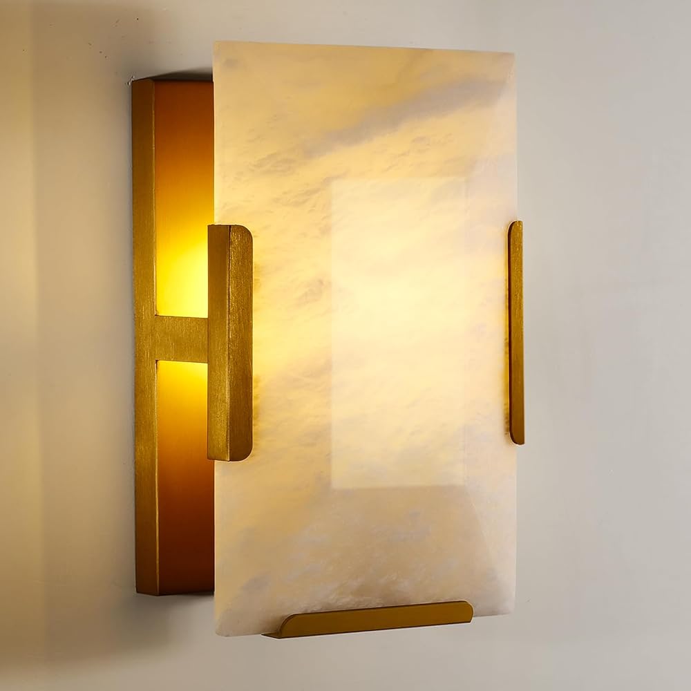 Alabaster Wall Sconces, Modern Marble Stone Sconces Wall Lighting, Living Room Wall Sconce H10in, Indoor Wall Light Fixtures for Bedroom Bedside Hallway((Dimmable Bulb INCL)