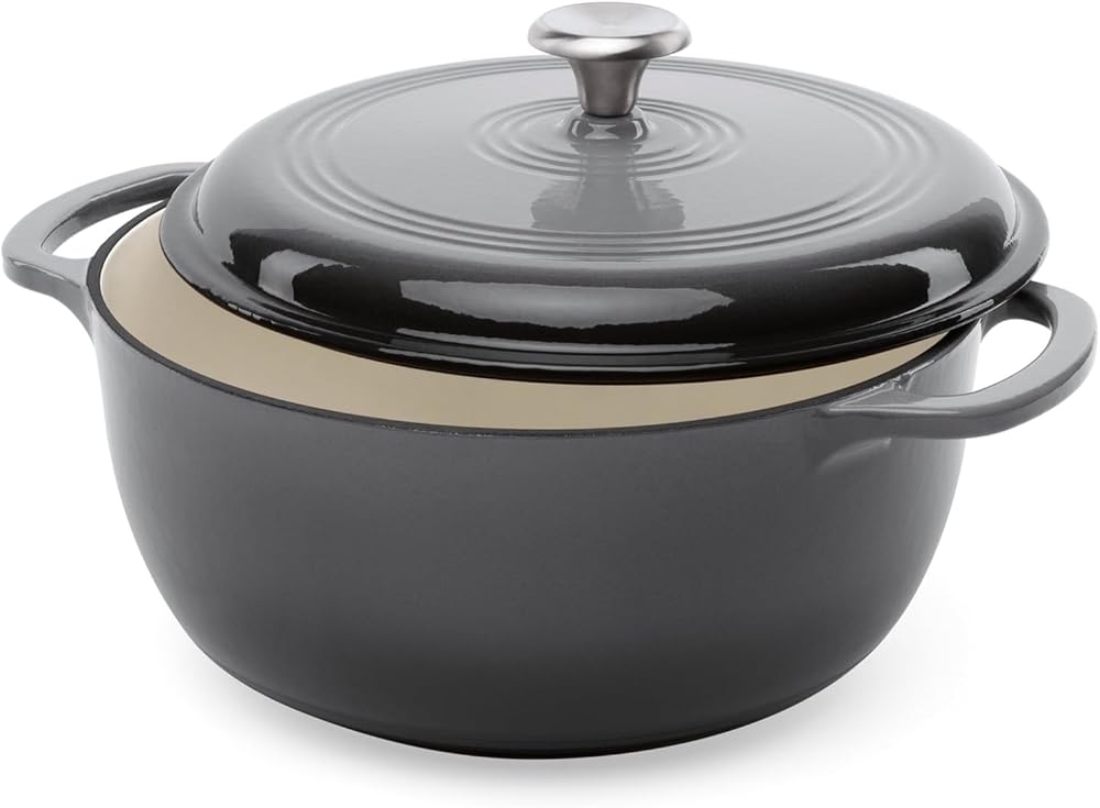 6 Quart Large Grey Enamel Cast-Iron Dutch Oven Kitchen Cookware