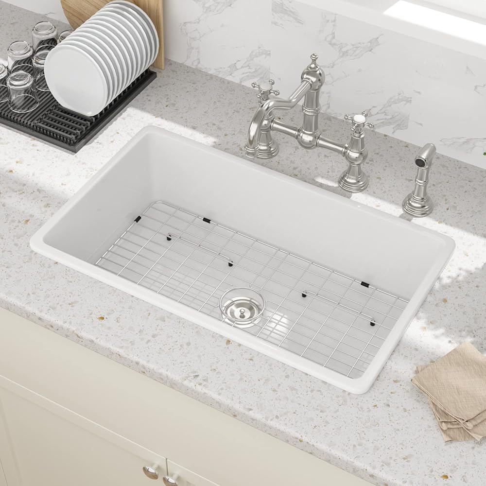 32 White Undermount Kitchen Sink - Sarlai 32 x 19 Inch Kitchen Sink Dual Mount Single Bowl White Porcelain Ceramic Fireclay Kitchen Under Counter Kitchen Sink Basin