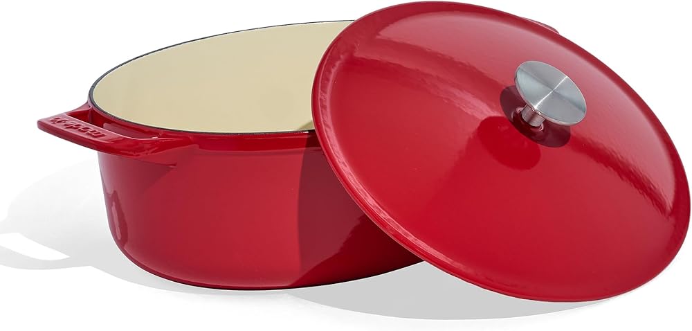 Made In Cookware - Oval Dutch Oven 7.5 Quart - Red - Enameled Cast Iron - Exceptional Heat Retention & Durability - Professional Cookware - Crafted In France - Induction Compatible