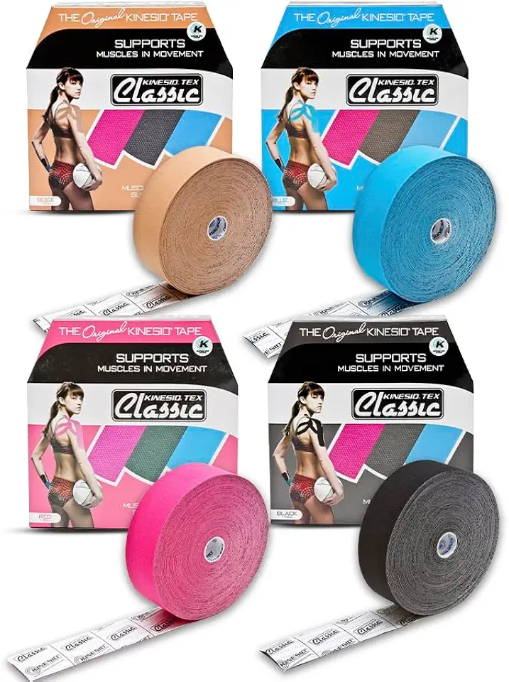 Kinesio Taping - Elastic Therapeutic Athletic Tape Tex Classic Bulk Bundle - Beige, Blue, Red & Black – Each Roll 2 in. x 103 ft - 4 Rolls