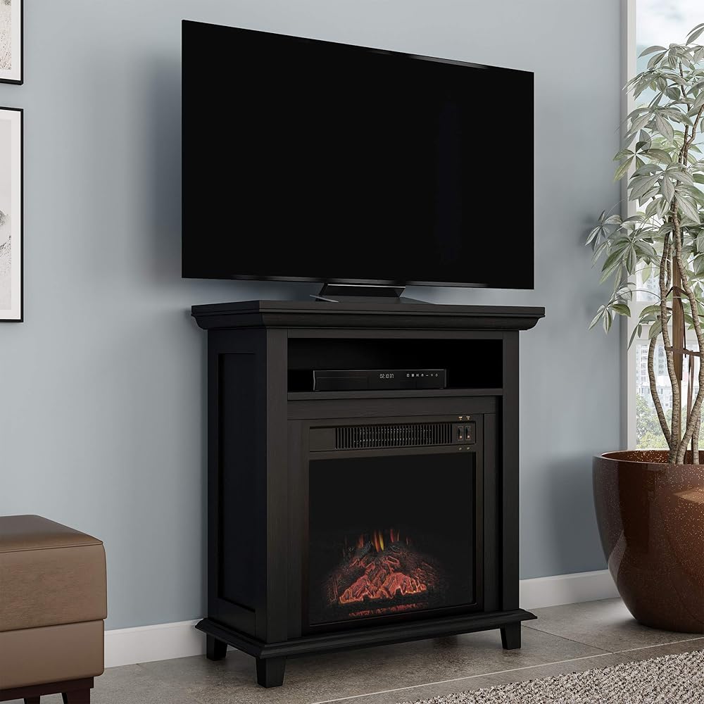 Electric Fireplace TV Stand– 29” Freestanding Console with Shelf, Faux Logs and LED Flames, Space Heater Entertainment Center by Lavish Home (Black)
