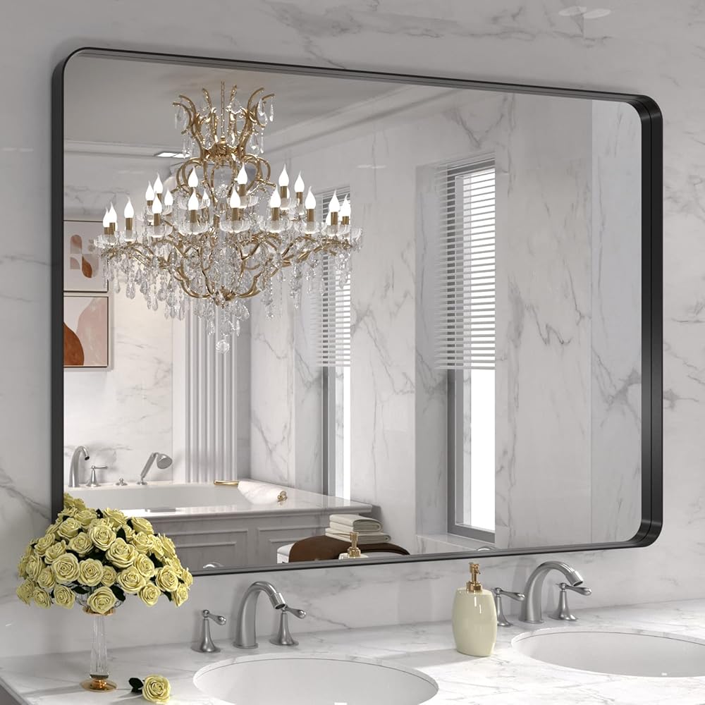 LOAAO 48X30 Inch Black Metal Framed Bathroom Mirror for Wall, Matte Black Bathroom Vanity Mirror Farmhouse, Large Rounded Rectangle Mirror, Anti-Rust, Tempered Glass, Hangs Horizontally or Vertically