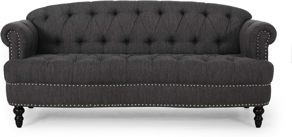 KILO&METERS Modern Charcoal Gray Tufted Sofa Couch, 3-Seater, Velvet Upholstery, Elegant Living Room Furniture