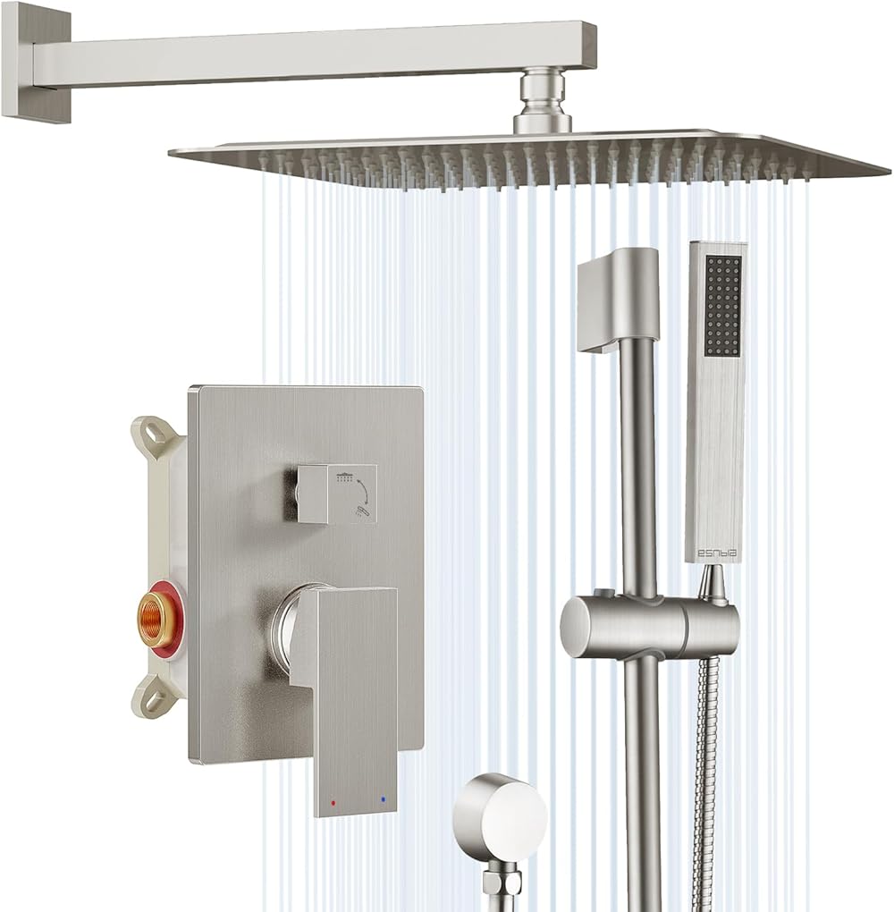ESNBIA Shower System, Slide Bar Shower Faucet Set with 10 Inches Rain Shower Head and Handheld Spray Combo, Shower Fixtures with Valve, Wall Mounted High Pressure Shower Head Set, Brushed Nickel