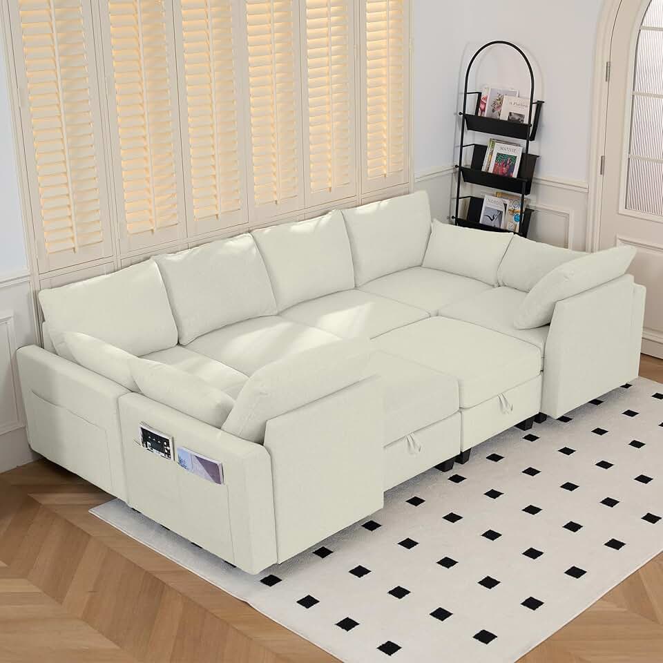 Real Relax 105'' Convertible Sectional Sofa Couch, Sleeper Sofa Linen Fabric Modular Sofa with Removable Pillows and Movable Ottoman, Beige