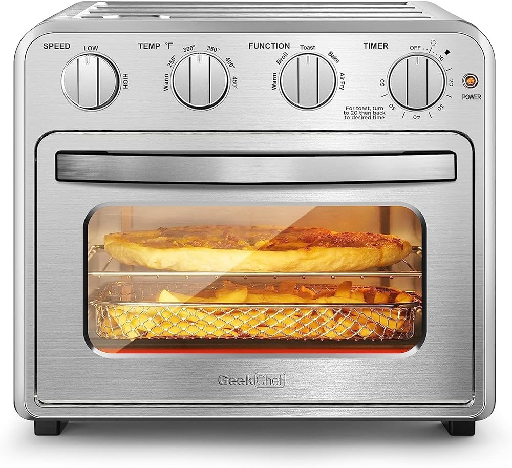 Geek Chef Air Fryer Toaster Oven Combo,16QT Convection Ovens Countertop, Fits 9” Pizza, 4 Slice Toast, with Warm, Broil, Toast, Bake, Air Fry, Stainless Steel