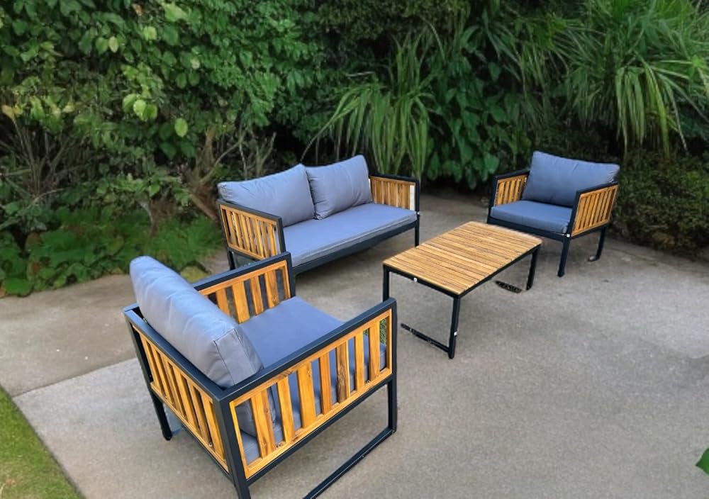 4 Piece Patio Outdoor Furniture Conversation Set, Metal and Acacia Wood with Dark Grey Cushions: Loveseat, Coffee Table and 2 armchairs